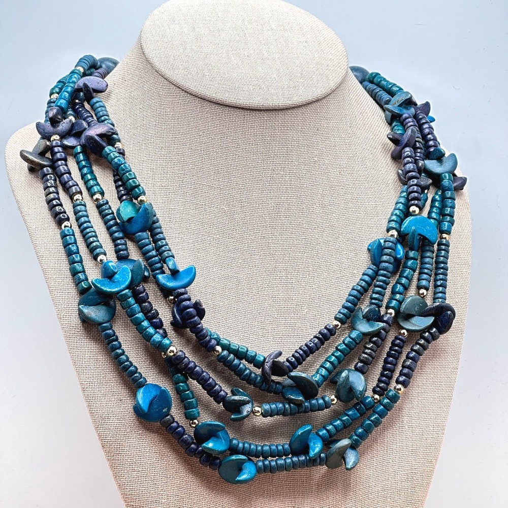 Rustic Artisan Boho Multi Strand Necklace Blue Wood Bead Statement Bib 24 Inch